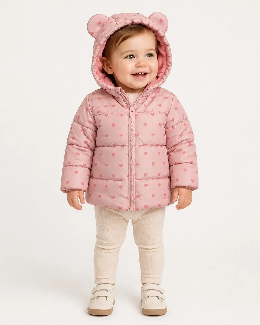 Old Navy Baby Girls 12-18M Pink Heart Puffer Jacket Bear Ear Hood